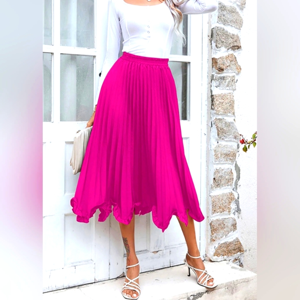 Pink Pleated Asymmetrical Ruffle Hem Skirt- Size S